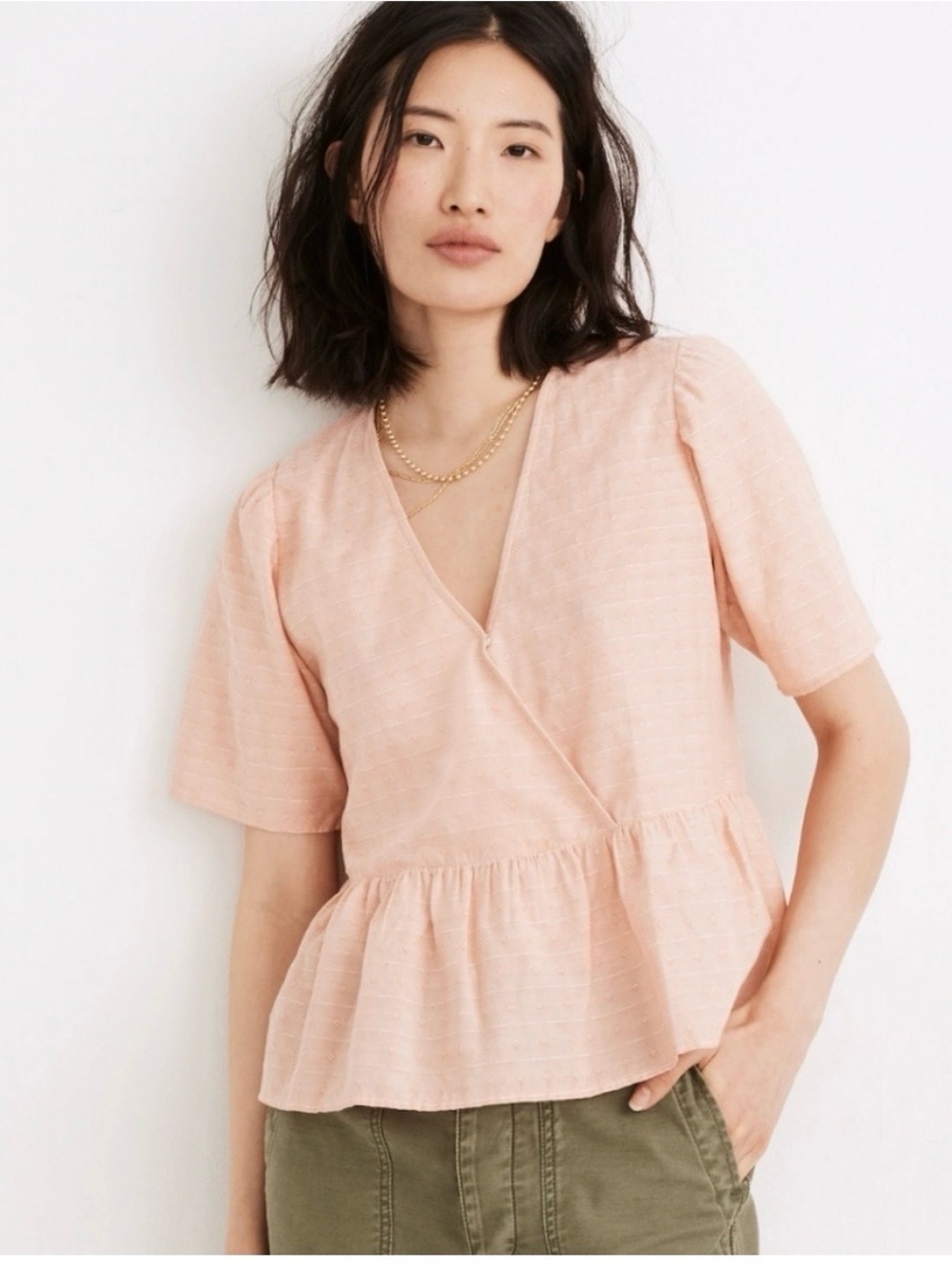 Madewell Crossover Peplum Coral Textured Top.  Size Small